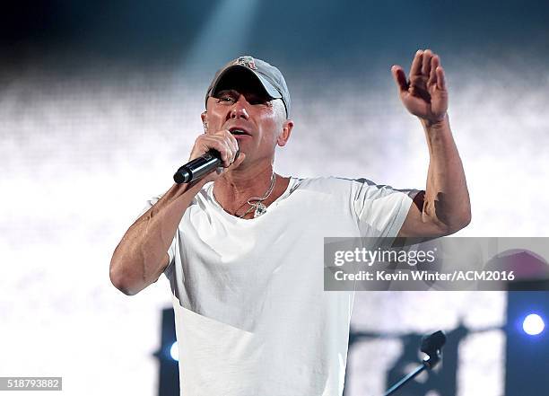 Singer Kenny Chesney rehearses onstage during the 51st Academy of Country Music Awards at MGM Grand Garden Arena on April 2, 2016 in Las Vegas,...