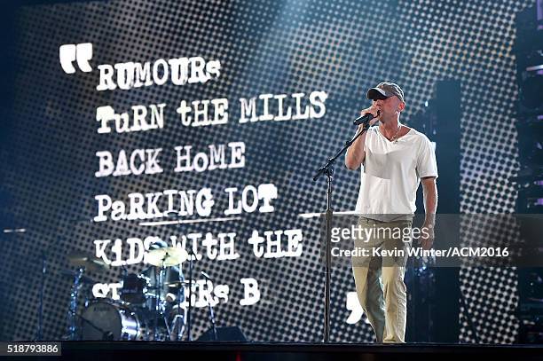 Singer Kenny Chesney rehearses onstage during the 51st Academy of Country Music Awards at MGM Grand Garden Arena on April 2, 2016 in Las Vegas,...