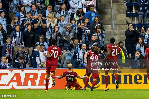 Luke Mulholland of Real Salt Lake celebrates after scoring the second goal of the game against Sporting Kansas City in the second half on April 2,...