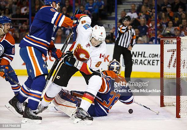 Goaltender Cam Talbot of the Edmonton Oilers lets in a goal by Joe Colborne of the Calgary Flames that was later called back on April 2, 2016 at...