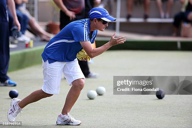 Val Smith of Nelson competes in the pairs final against Northland during the Bowls New Zealand Intercentre at Howick Bowling Club on April 3, 2016 in...