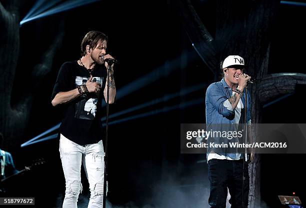 Singers Brian Kelley and Tyler Hubbard of Florida Georgia Line rehearse onstage during the 51st Academy of Country Music Awards at MGM Grand Garden...