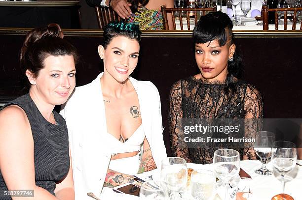 Actress Heather Matarazzo, honoree Ruby Rose and actress Keke Palmer attend the 27th Annual GLAAD Media Awards at the Beverly Hilton Hotel on April...