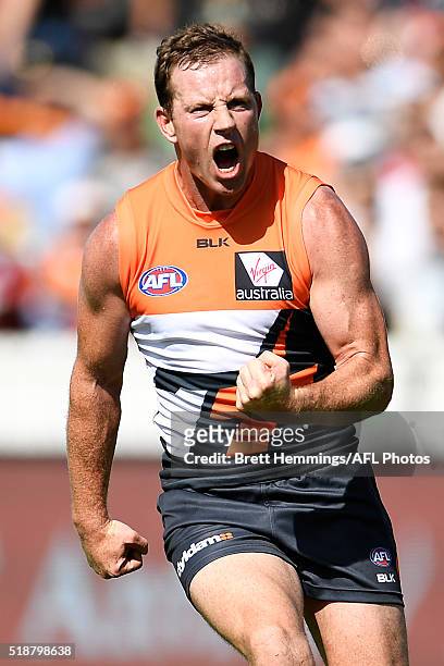 Steve Johnson of the Giants celebrates kicking a goal during the round two AFL match between the Greater Western Sydney Giants and the Geelong Cats...