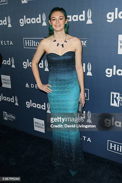 Actress Nicole Maines arrives at the 27th Annual GLAAD Media Awards at The Beverly Hilton Hotel on April 2, 2016 in Beverly Hills, California.