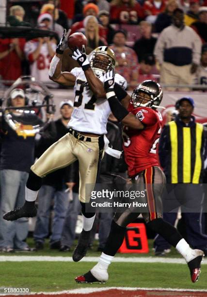 Joe Horn of the New Orleans Saints makes a catch for a touchdown over Dwight Smith of the Tampa Bay Buccaneers to trail 14-17 during the fourth...