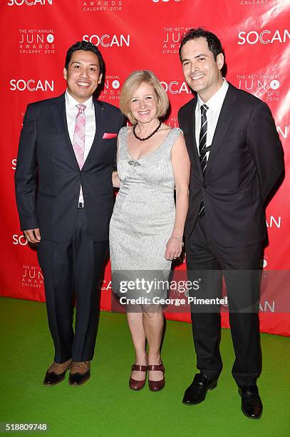 Minister Ricardo Miranda, Premier Rachel Notley and Marco DeIaco attend the 2016 Juno Gala Dinner And Awards at the Telus Convention Center on April...