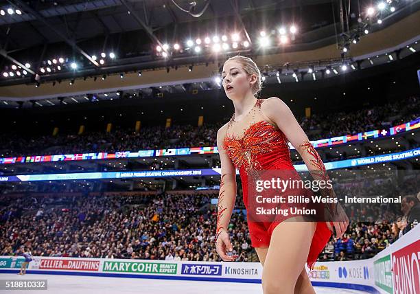 Gracie Gold of the United States warms up before competing during Day 6 of the ISU World Figure Skating Championships 2016 at TD Garden on April 2,...