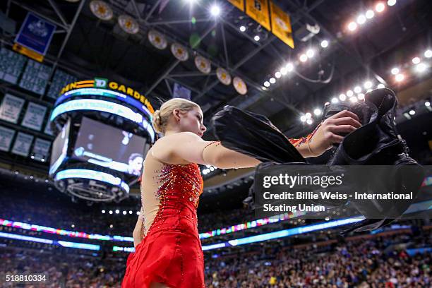 Gracie Gold of the United States tosses her jacket as she warms up before competing during Day 6 of the ISU World Figure Skating Championships 2016...