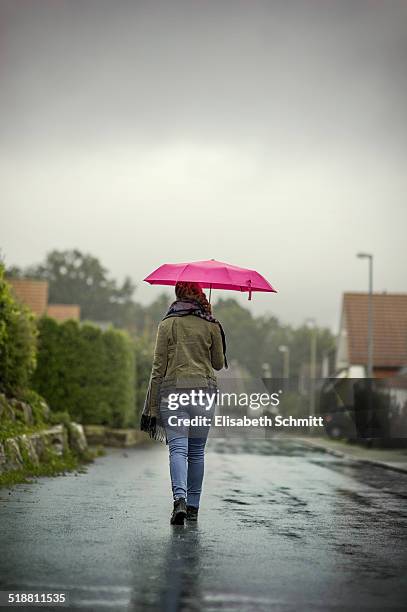 girl with pink umbrella walking along street - one teenage girl only bildbanksfoton och bilder