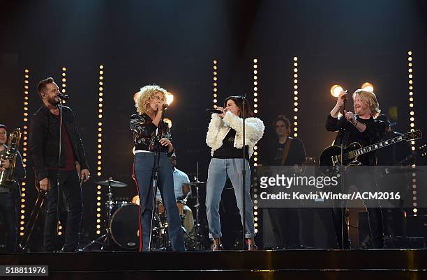Singers Jimi Westbrook, Kimberly Roads Schlapman, Karen Fairchild and Phillip Sweet of Little Big Town rehearse onstage during the 51st Academy of...