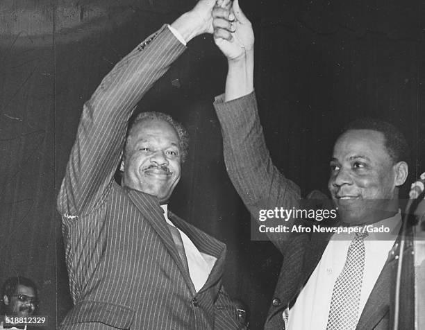 Former District of Columbia mayor Marion Barry and former Mayor of Philadelphia, PA William Goode at Washington Hilton hotel, Washington DC, 1984.