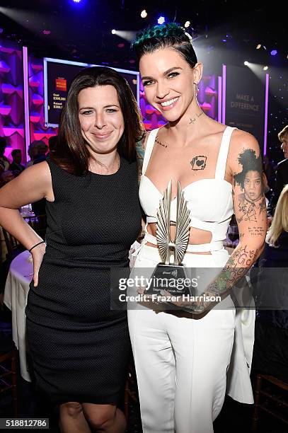 Actress Heather Matarazzo and honoree Ruby Rose attend the 27th Annual GLAAD Media Awards at the Beverly Hilton Hotel on April 2, 2016 in Beverly...