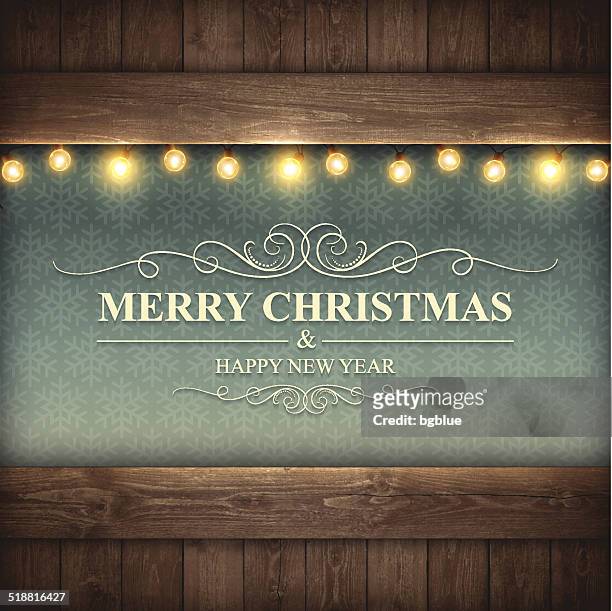 vintage weihnachtskarte-merry christmas-englische redewendung - lichterkette dekoration stock-grafiken, -clipart, -cartoons und -symbole