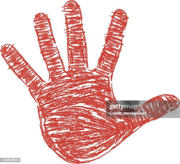 red crayon drawn right hand print - handprint vector stock illustrations