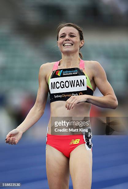 Brittany McGowan of Queensland celebrates winning the Women's 800m final during the Australian Athletics Championships at Sydney Olympic Park on...