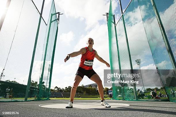 Dani Samuels of New South Wales competes in the Women's Discus final during the Australian Athletics Championships at Sydney Olympic Park on April 3,...