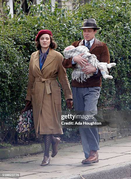 Marion Cotillard and Brad Pitt seen filming scenes for 'Five Seconds Of Silence in Hampstead on March 31, 2016 in London, England.