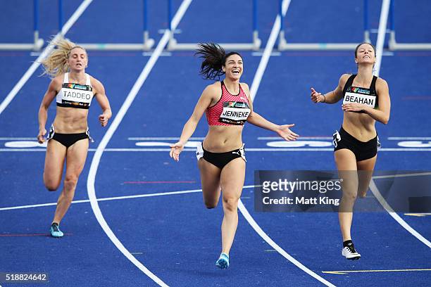 Michelle Jenneke of New South Wales celebrates winning the Women's 100m hurdles final during the Australian Athletics Championships at Sydney Olympic...