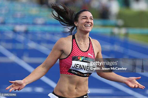 Michelle Jenneke of New South Wales celebrates winning the womens 100m hurdles final during the Australian Athletics Championships at Sydney Olympic...