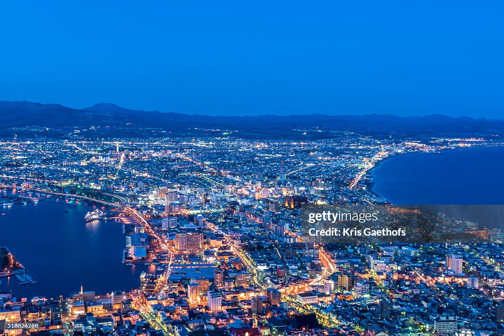 Night view of Hakodate Bay as seen from the top of Mt Hakodate