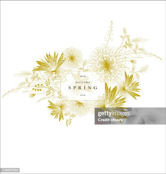 ilustrações, clipart, desenhos animados e ícones de ornamento floral primavera bandeira dourado elegante texto - flowers white background