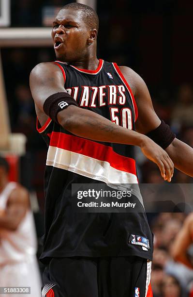 Zach Randolph of the Portland Trailblazers yells during a game against the Chicago Bulls at the United Center on December 20, 2004 in Chicago,...