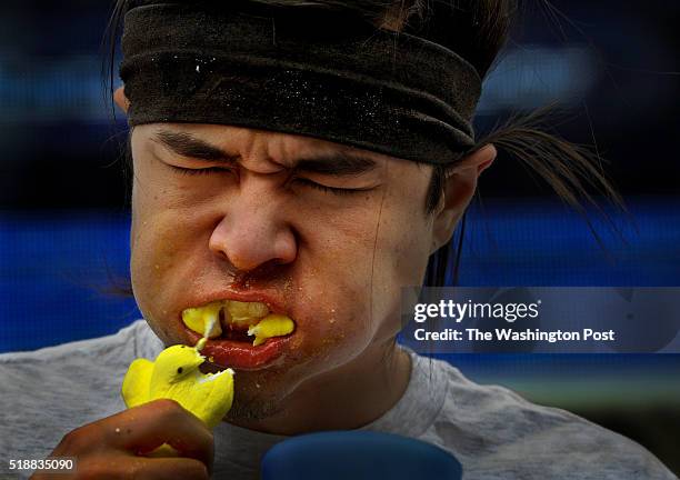 Professional competitive eaters and amateurs took part in the National Peep Eating Contest. Matt Stonie of San Jose, California takes in some of the...