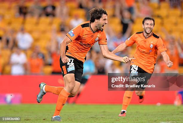 Thomas Broich of the Roar celebrates scoring a goal during the round 26 A-League match between the Brisbane Roar and the Newcastle Jets at Suncorp...