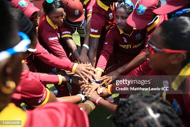 West Indies team huddle ahead of the Women's ICC World Twenty20 India 2016 Semi Final match between New Zealand and West Indies at the Wankhede...