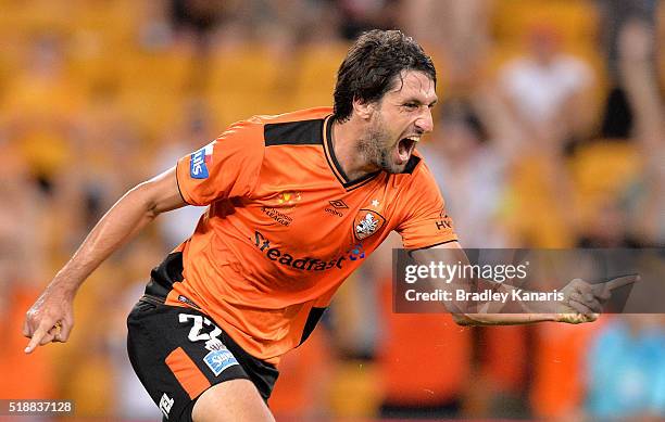 Thomas Broich of the Roar celebrates scoring a goal during the round 26 A-League match between the Brisbane Roar and the Newcastle Jets at Suncorp...