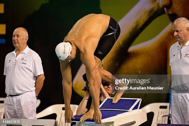 Florent Manaudou of France competes in the 50m Men's freestyle on day six of the French National Swimming Championships on April 03, 2016 in...