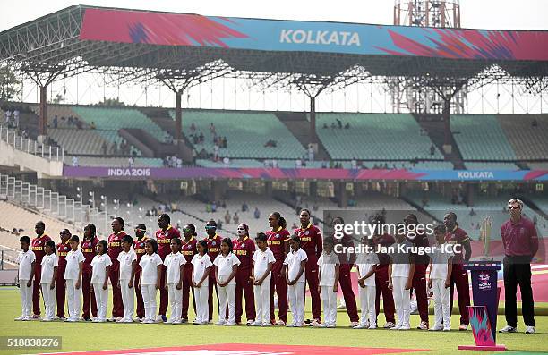 The West Indies team sing their national anthem during the Women's ICC World Twenty20 India 2016 final match between Australia and West Indies at...