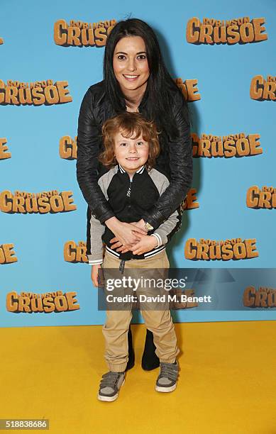 Natalie Sawyer and son attend a VIP screening of "Robinson Crusoe" at the Vue West End on April 3, 2016 in London, England.