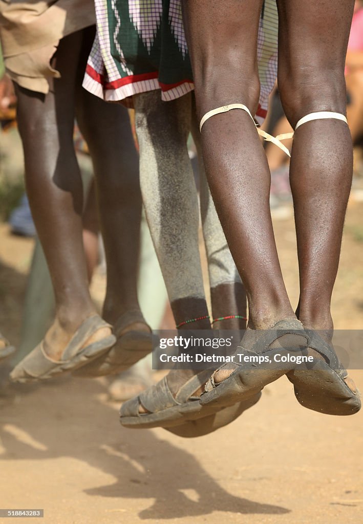 Hamer men dancing  in Lower Omo Valley, Ethiopia