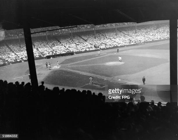 View of the baseball diamond from the upper deck of the stands at Yankee Stadium during an American League Championship doubleheader between the New...