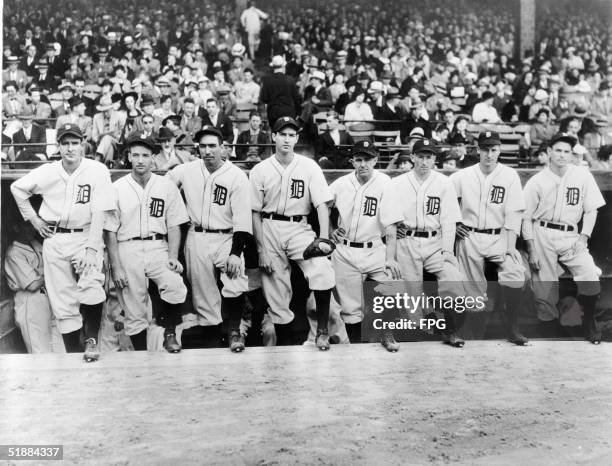 The Detroit Tigers pitching staff in the dugout at Navin Field, Detroit, Michigan, September 6, 1935. From left: Elden Auker, Joe Sullivan , Elon...