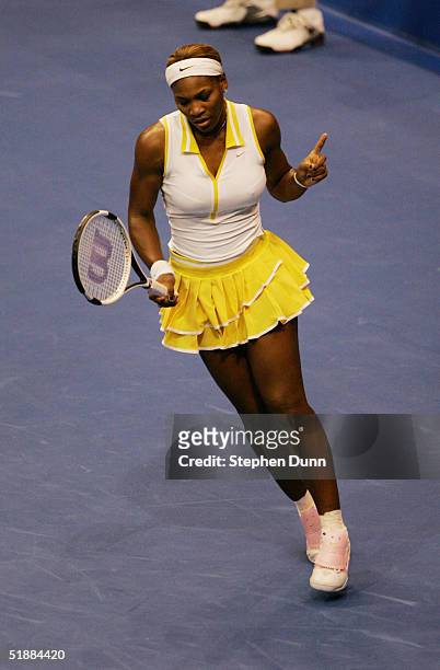 Serena Williams of the USA points during day 2 of the WTA Tour Championships on November 11, 2004 at Staples Center in Los Angeles, California.