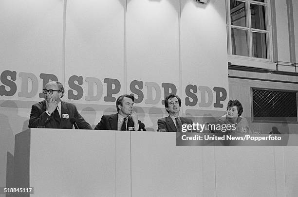 Social Democratic Party leaders, Roy Jenkins , David Owen, William Rodgers and Shirley Williams take part in a press conference to launch the SDP at...