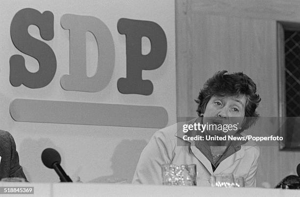 Social Democratic Party politician, Shirley Williams takes part in a press conference to launch the SDP at the Connaught rooms in London on 26th...