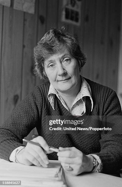 Social Democratic Party politician Shirley Williams pictured at a writing desk in London on 7th April 1981.