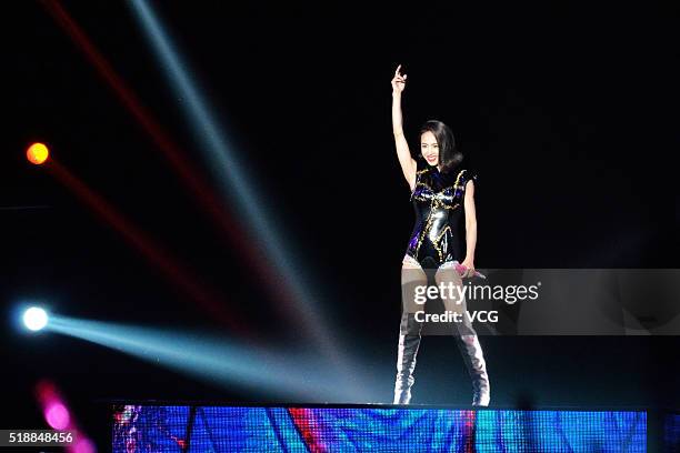 Singer Jolin Tsai sings on stage during her "Play" global tour concert on April 2, 2016 in Hefei, Anhui Province of China.