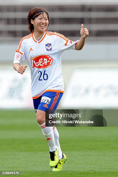 Miku Kojima of Albirex Niigata celebrates her team's second goal during the Nadeshiko League match between Urawa Red Diamonds Ladies and Albirex...