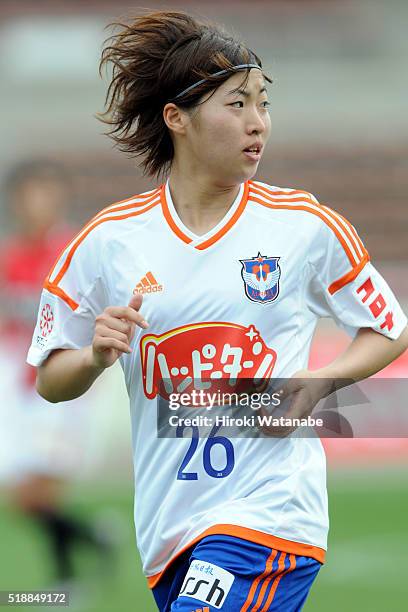 Miku Kojima of Albirex Niigata in action during the Nadeshiko League match between Urawa Red Diamonds Ladies and Albirex Niigata Ladies at the...