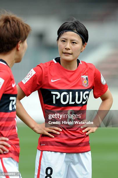 Hikaru Naomoto of Urawa Reds in action during the Nadeshiko League match between Urawa Red Diamonds Ladies and Albirex Niigata Ladies at the Saitama...