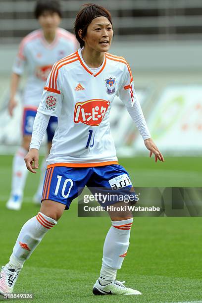 Megumi Kamionobe of Albirex Niigata in action during the Nadeshiko League match between Urawa Red Diamonds Ladies and Albirex Niigata Ladies at the...