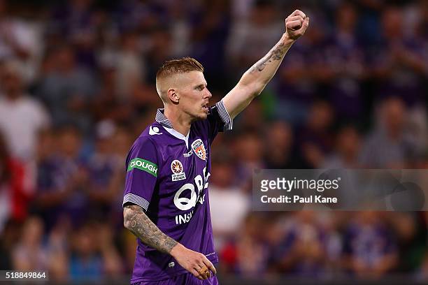 Andy Keogh of the Glory celebrates after scoring and breaking the all-time Australian national league record scoring streak during the round 26...
