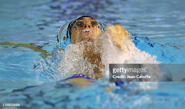 Benjamin Stasiulis competes in the men's 100m backstroke final during day 5 of the French National Swimming Championships at Piscine Olympique...