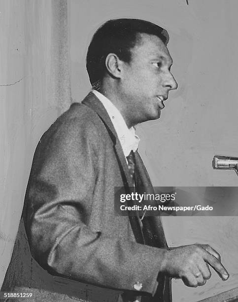 Stokely Carmichael speaking at a podium at Morgan State University, Baltimore, Maryland, 1967.