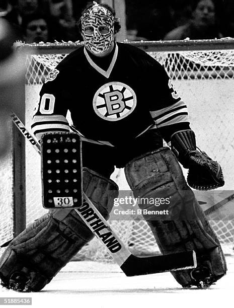 Goalie Gerry Cheevers of the Boston Bruins guards the net during a game in the late 1970's.